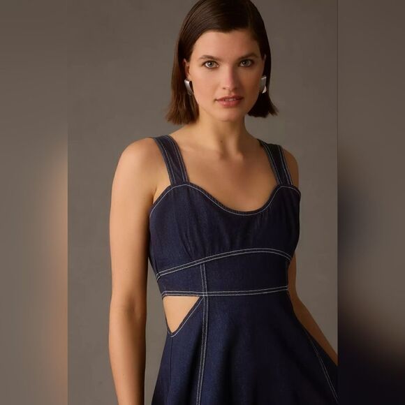 Anthropologie Aureta Studio Corset Denim Cutout Dress In Denim Blue Size XL NWT - Picture 6 of 12
